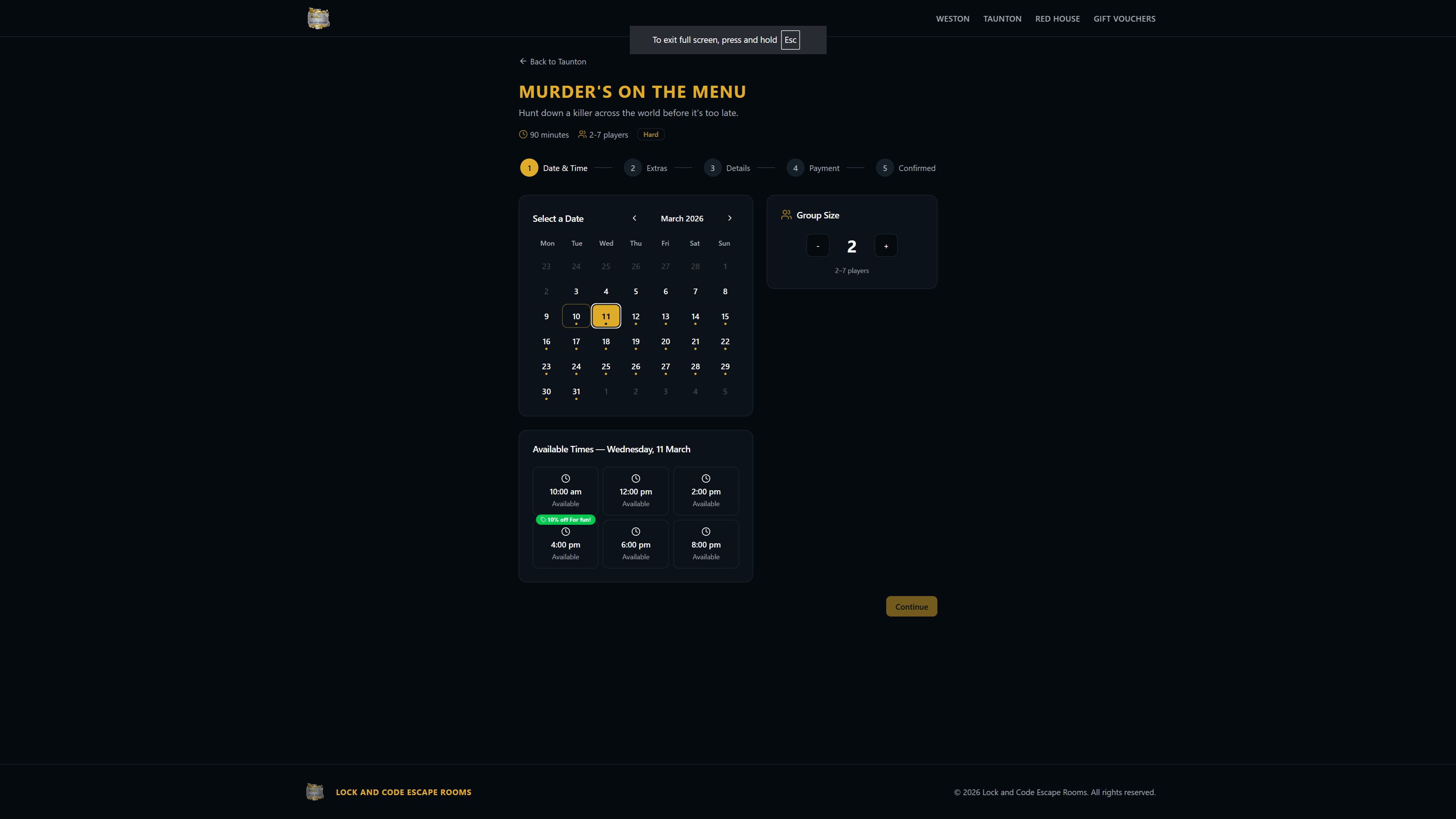 Escape Room Online Booking Widget — Date, Time, and Player Selection with Real-Time Availability