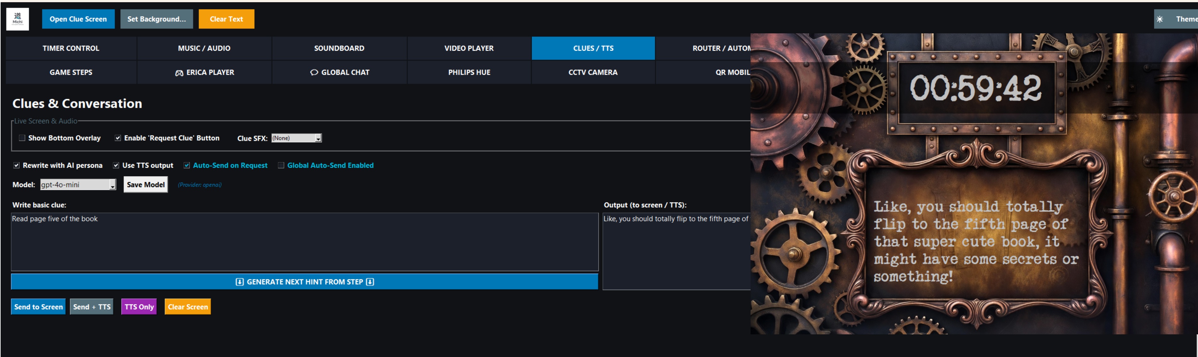 Michi Game Master Dashboard and Prop Control Interface
