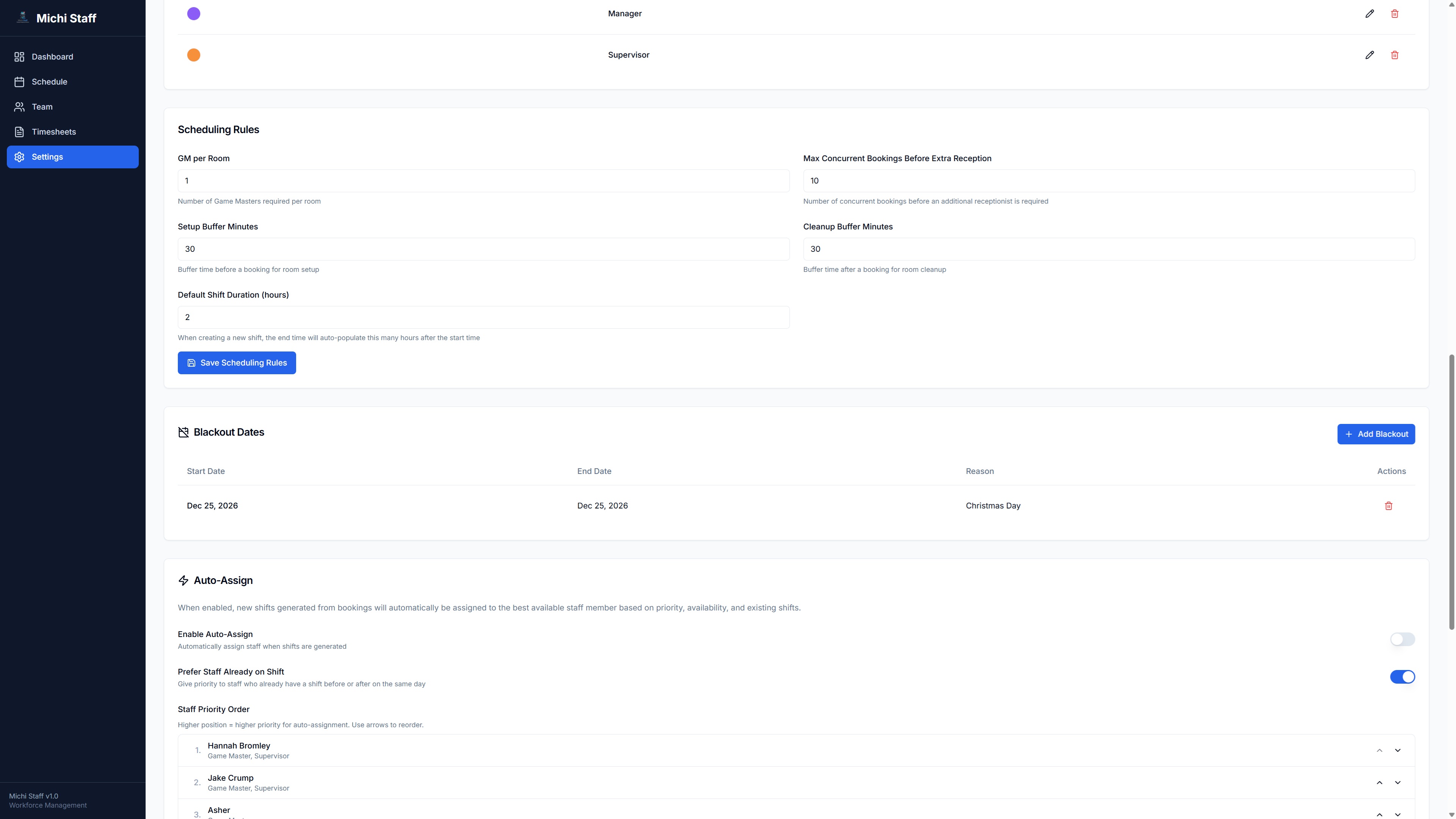 Escape Room Staff Management — Auto-Assign Rules, Availability, and Time-Off Requests
